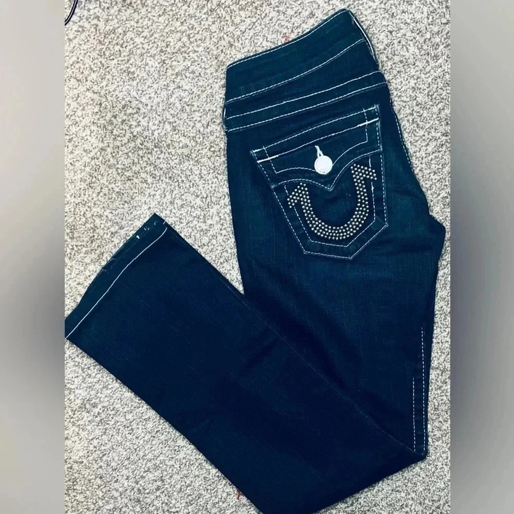 True Religion Womens Billy Big T Jeans Sz 25 Dark Blue Wash white stitch flap - Picture 7 of 7